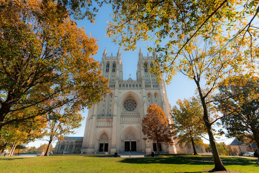 Washington National Cathedral framed by trees with fall colors.